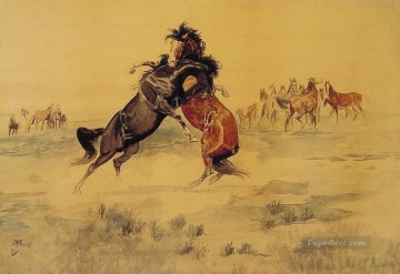  western Oil Painting - The Challenge western American Charles Marion Russell horse